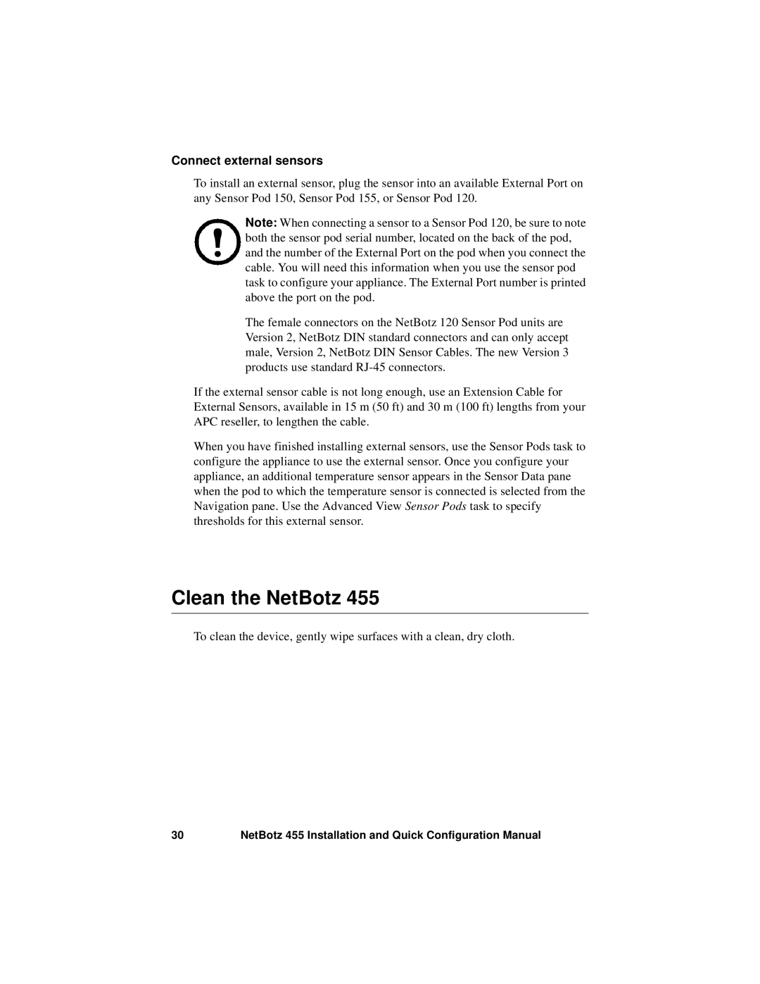 APC NBWL0455, NBWL0456 configurationmanual Clean the NetBotz, Connect external sensors 