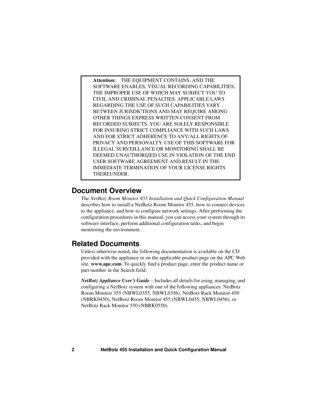 APC NBWL0455, NBWL0456 configurationmanual Document Overview, Related Documents 