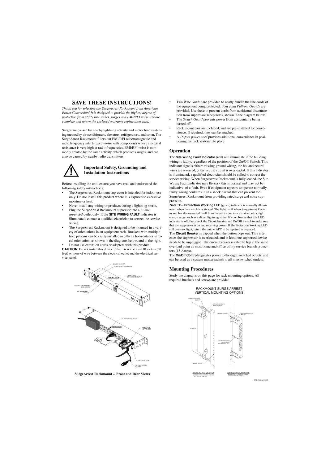 APC NET9RMBLK installation instructions Operation, Mounting Procedures, SurgeArrest Rackmount -- Front and Rear Views 