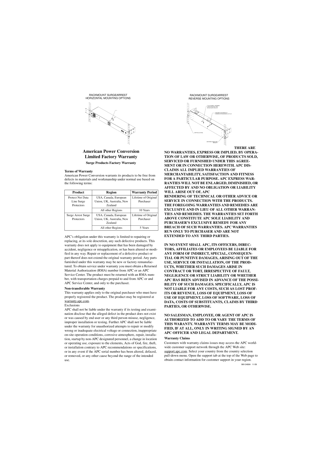 APC NET9RMBLK installation instructions American Power Conversion Limited Factory Warranty 