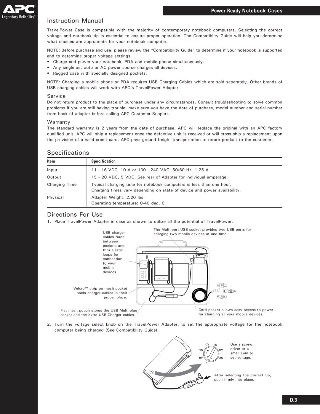 APC none instruction manual Specifications, Directions For Use, Power Ready Notebook Cases, Service, Warranty 