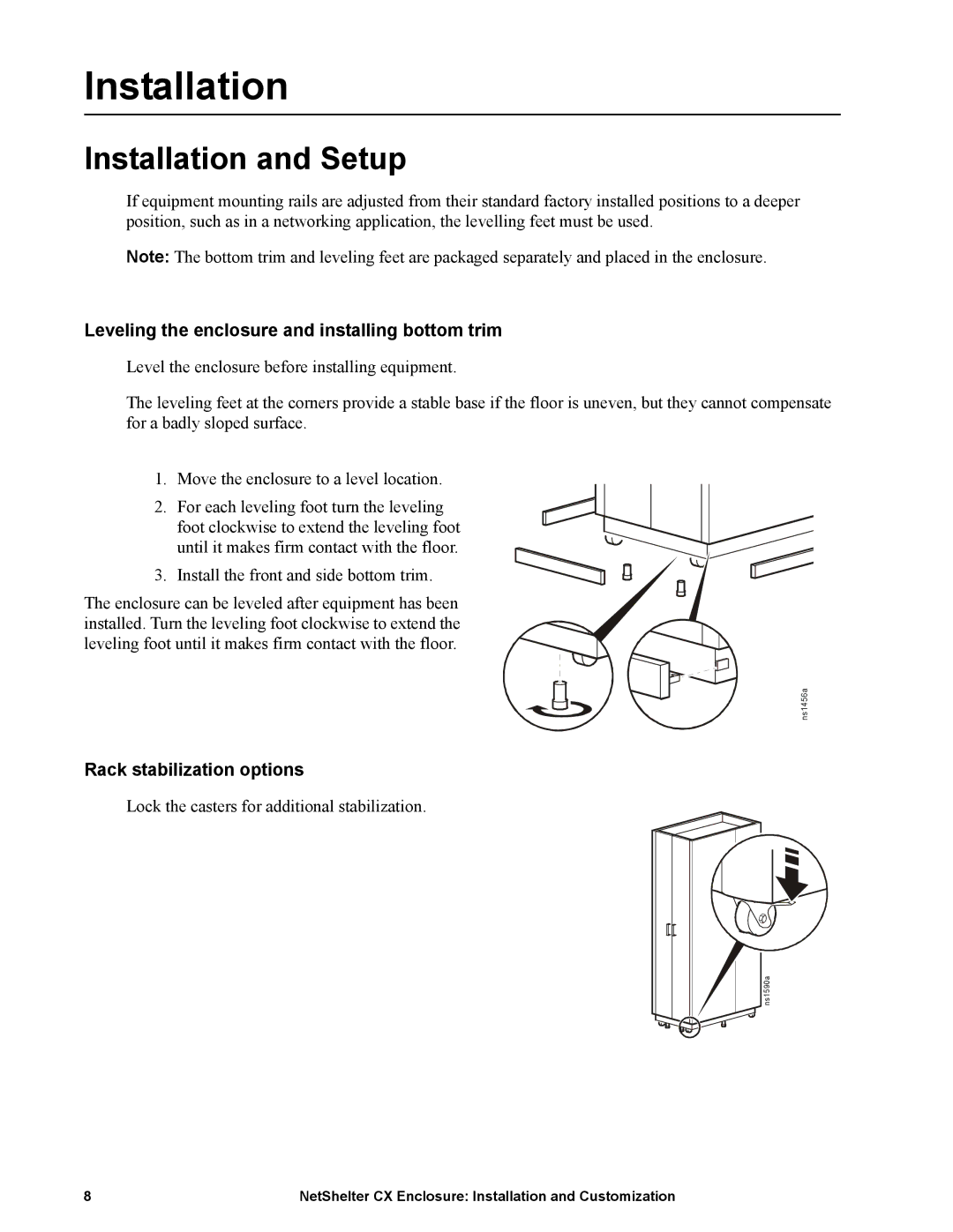 APC NS1435A Installation and Setup, Leveling the enclosure and installing bottom trim, Rack stabilization options 