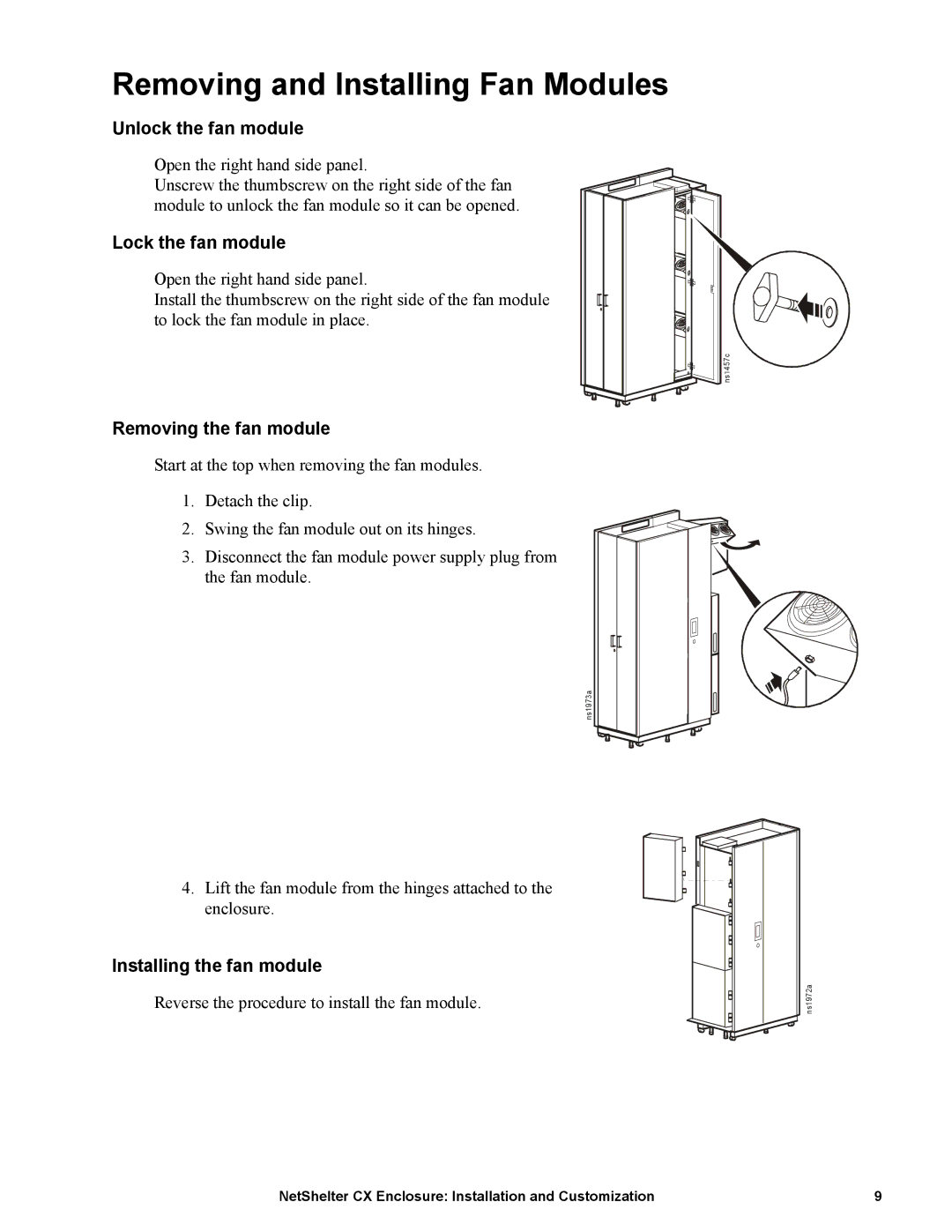 APC AR4038A manual Removing and Installing Fan Modules, Unlock the fan module, Lock the fan module, Removing the fan module 