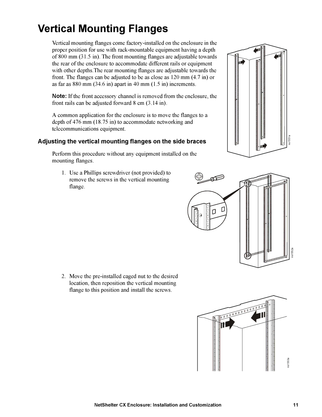 APC AR4038A, NS1435A manual Vertical Mounting Flanges, Adjusting the vertical mounting flanges on the side braces 