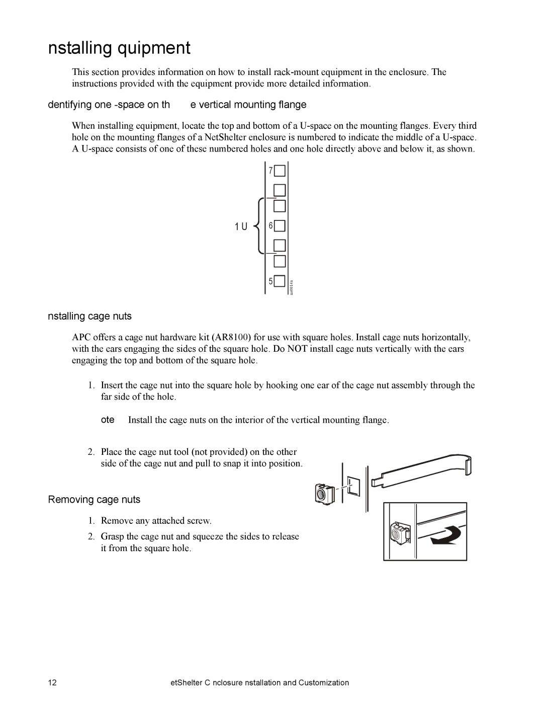 APC NS1435A, AR4038A Installing Equipment, Identifying one U-space on the vertical mounting flange, Installing cage nuts 