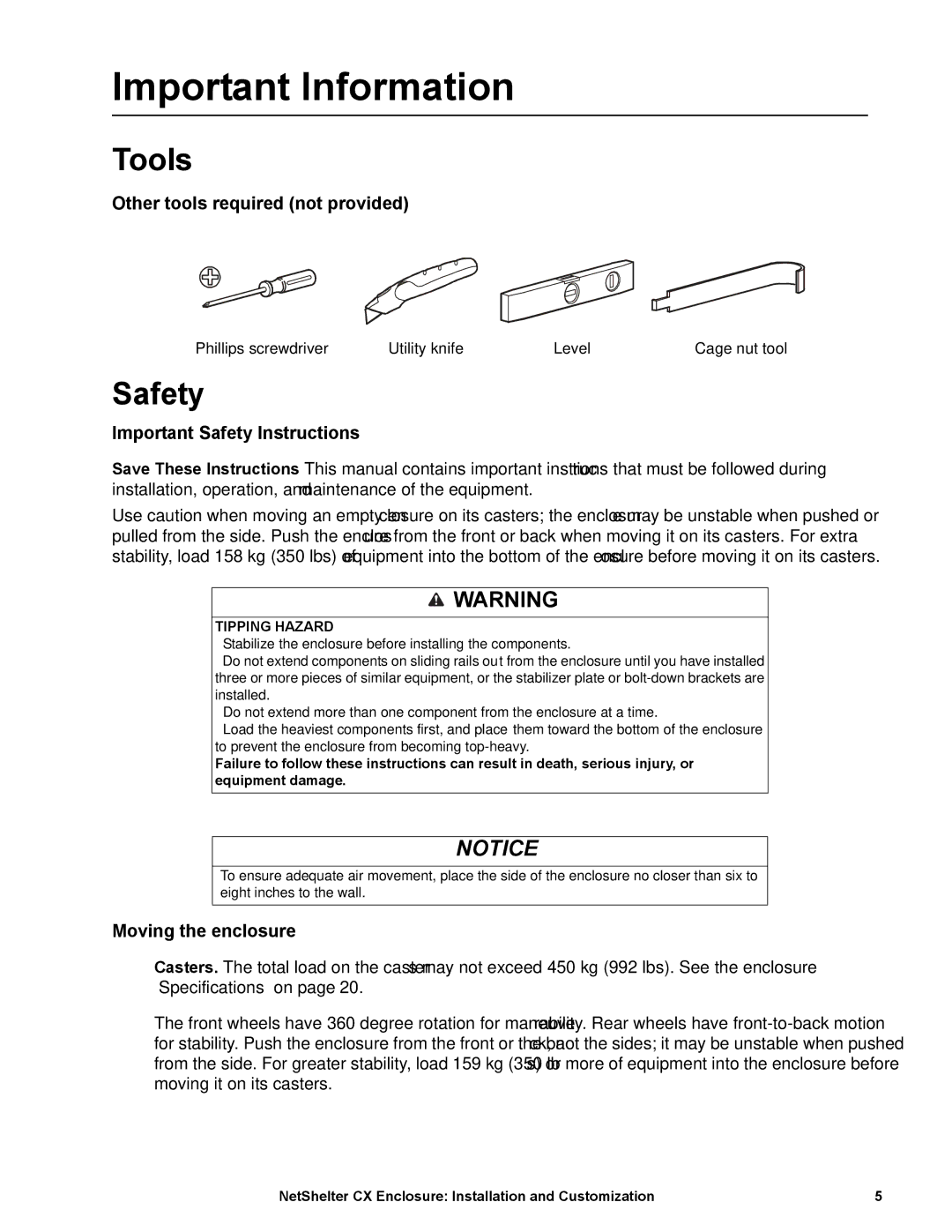 APC AR4038A, NS1435A manual Important Information, Tools, Safety 