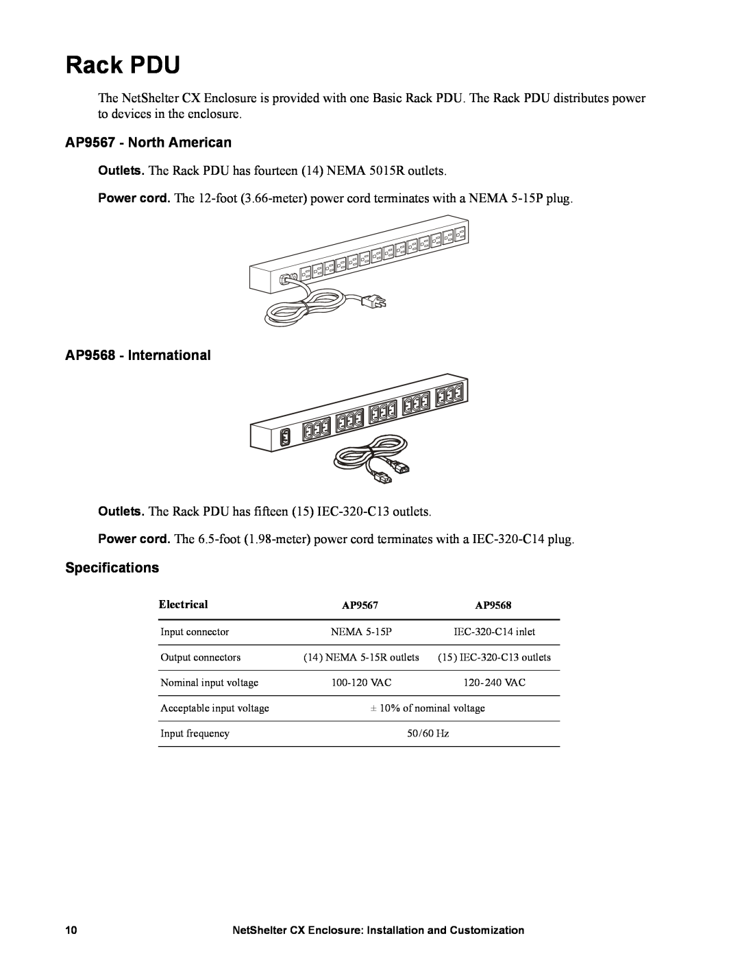 APC NS1435A, AR4038A manual Rack PDU, AP9567 - North American, AP9568 - International, Specifications 