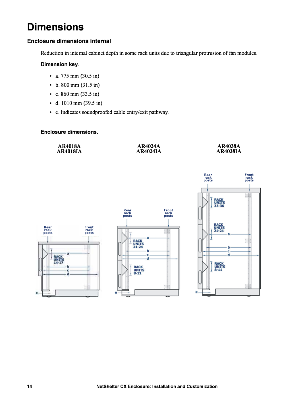 APC NS1435A, AR4038A manual Dimensions, Enclosure dimensions internal 