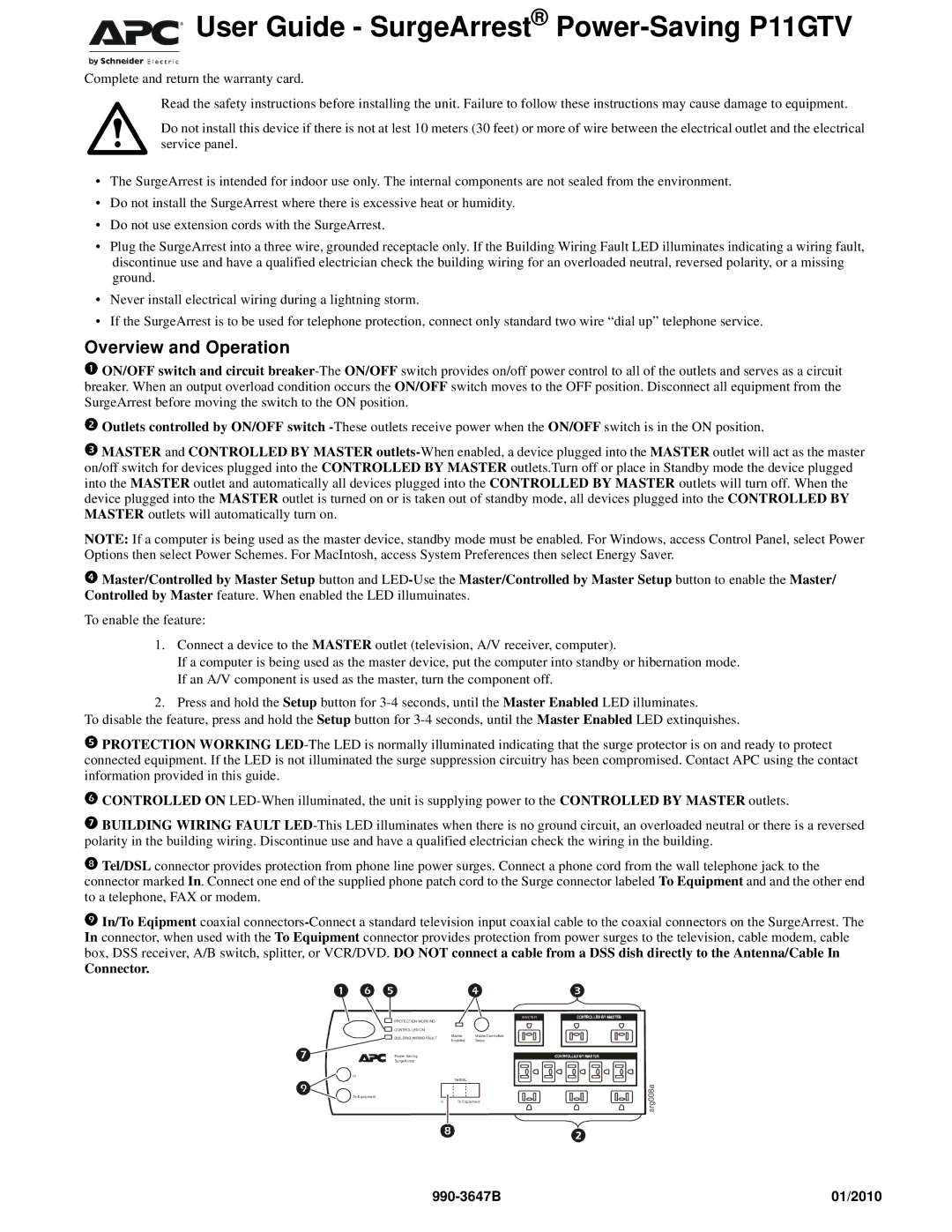 APC 01/2010990-3647B warranty User Guide SurgeArrest Power-Saving P11GTV, Overview and Operation 