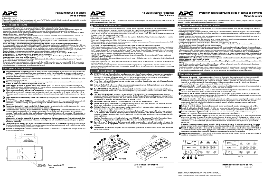 APC P11VNT3 user manual Outlet Surge Protector, Parasurtenseur à 11 prises, Mode d’emploi, User’s Manual, Pour joindre APC 