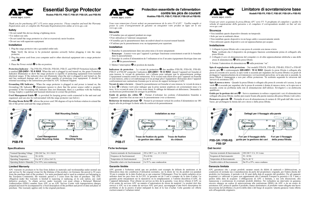 APC P5B-FR specifications Essential Surge Protector, Limitatore di sovratensione base 