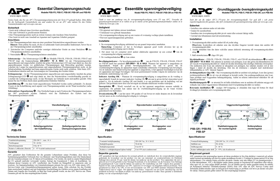 APC P5B-FR specifications Essentiële spanningsbeveiliging, Essential Überspannungsschutz, Grundläggande överspänningsskydd 