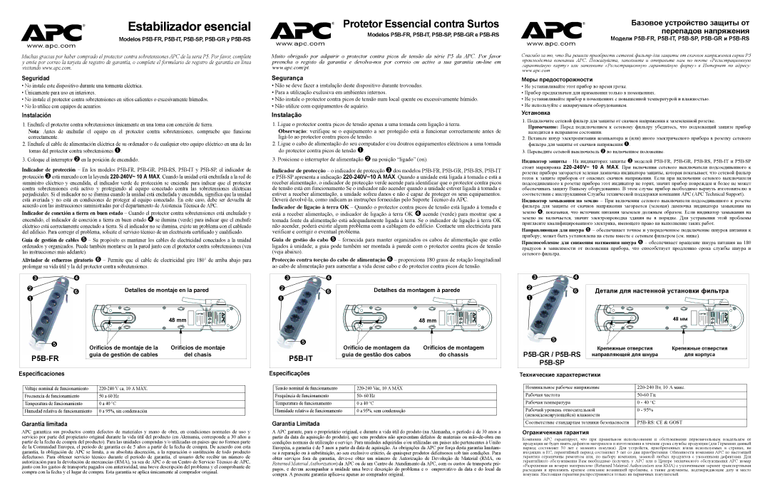 APC P5B-FR specifications Estabilizador esencial, Protetor Essencial contra Surtos, Segurança, Instalação 