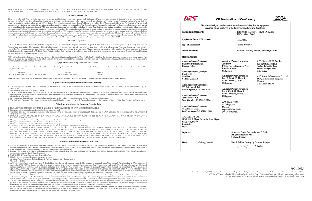 APC P5B-FR specifications 990-1963A 