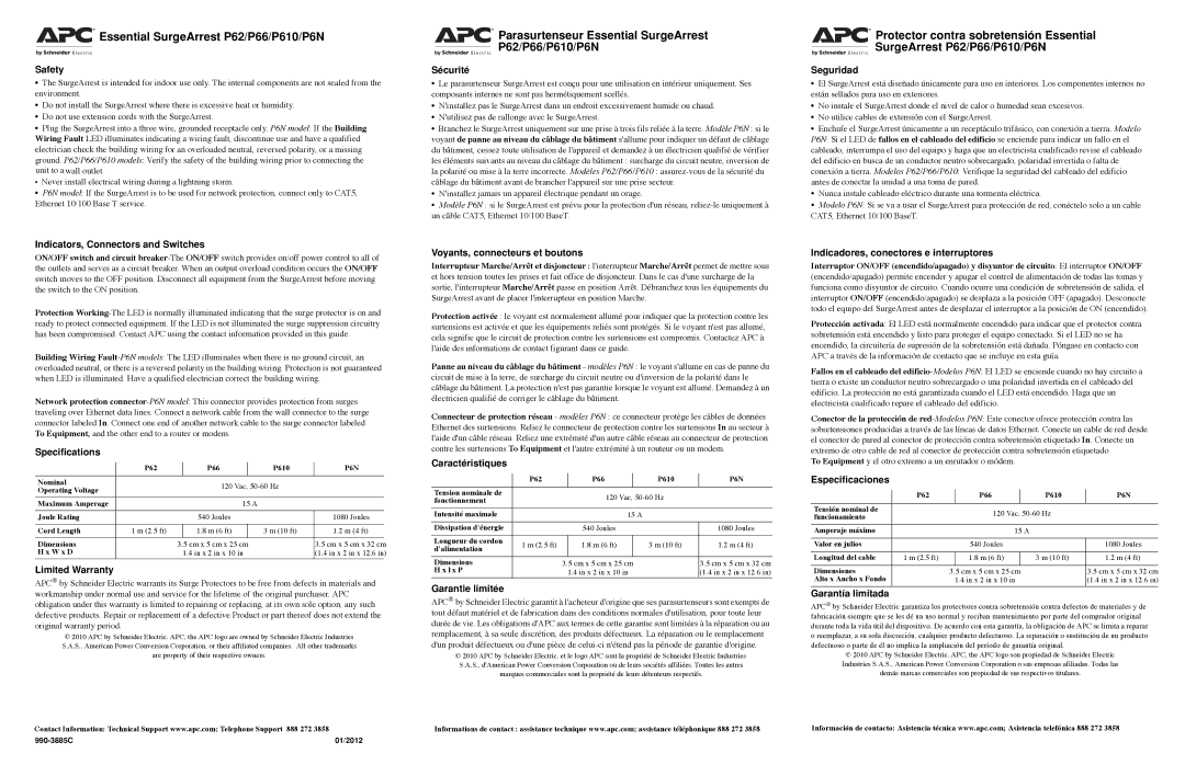 APC specifications Parasurtenseur Essential SurgeArrest P62/P66/P610/P6N 