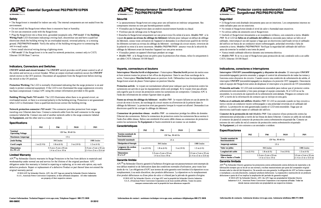 APC specifications Parasurtenseur Essential SurgeArrest P62/P610/P6N 