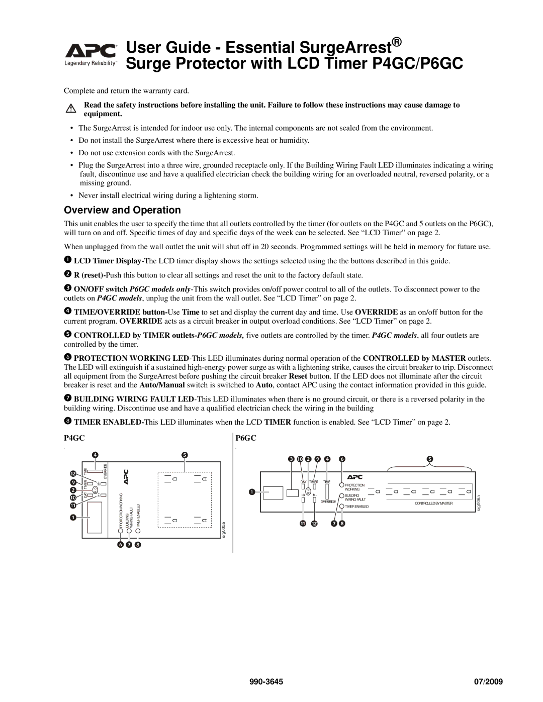 APC P4GC, 07/2009990-3645 warranty Overview and Operation, P6GC 