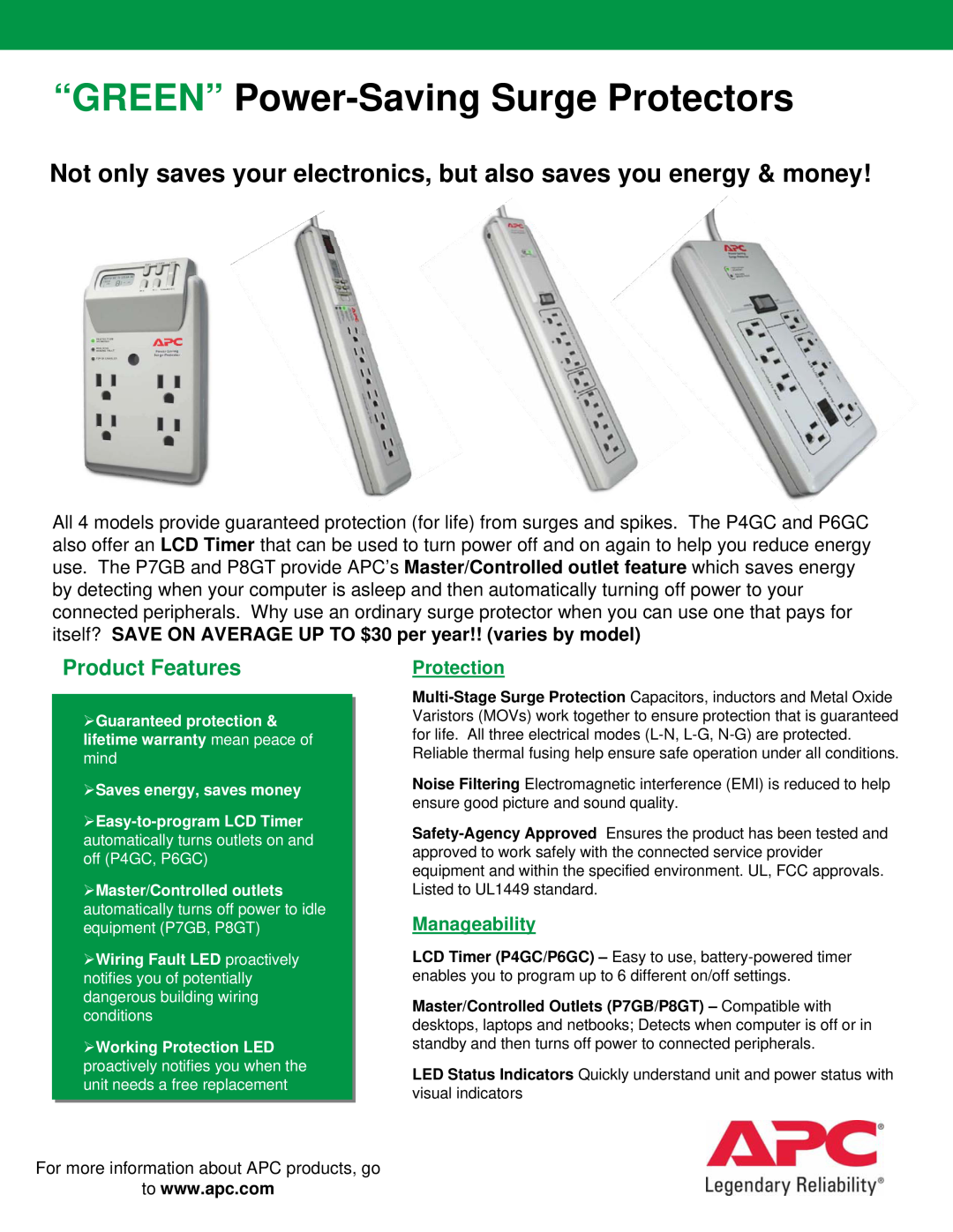 APC P4GC, P6GC, AL-A400ATX warranty “GREEN” Power-Saving Surge Protectors, Product Features, Protection, Manageability 