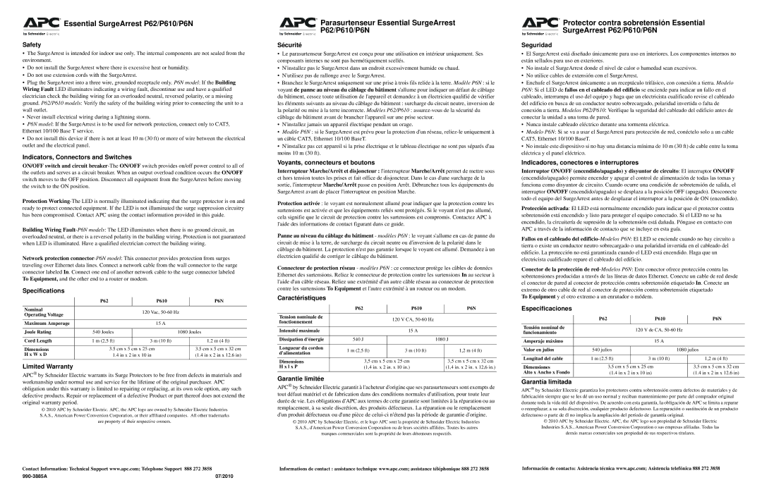 APC specifications Parasurtenseur Essential SurgeArrest P62/P610/P6N 