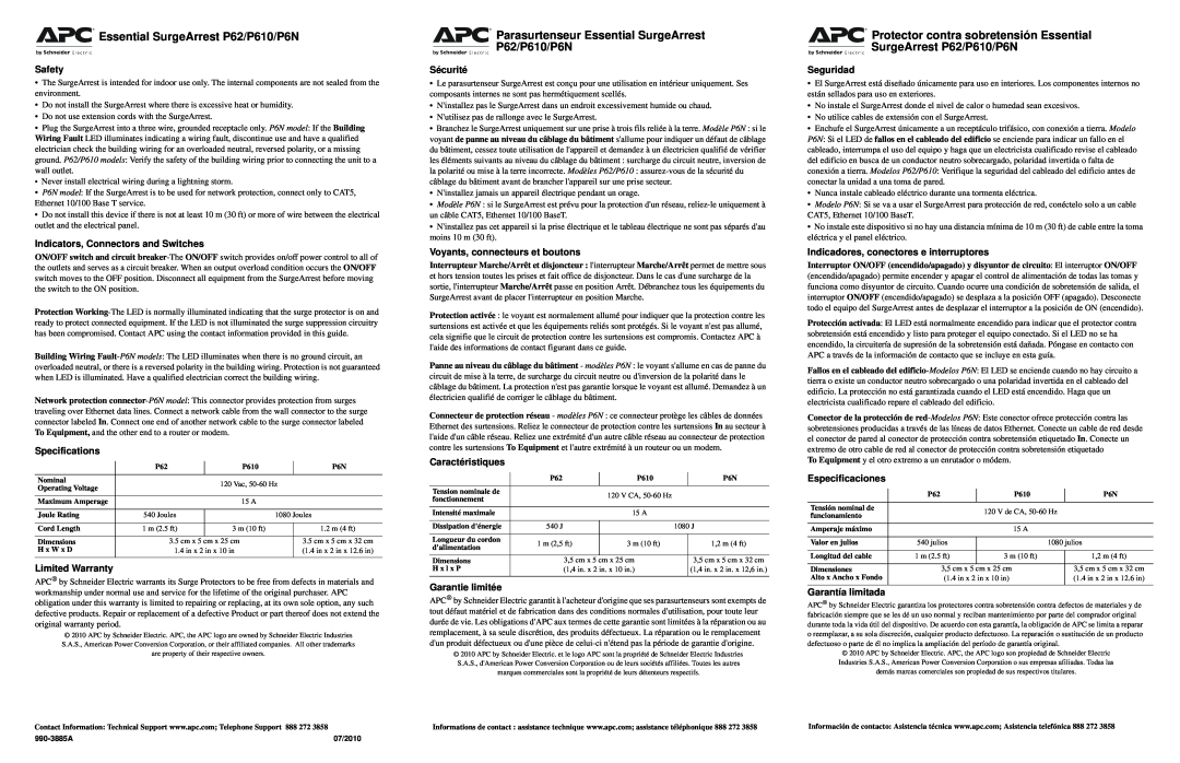 APC specifications Parasurtenseur Essential SurgeArrest P62/P66/P610/P6N 