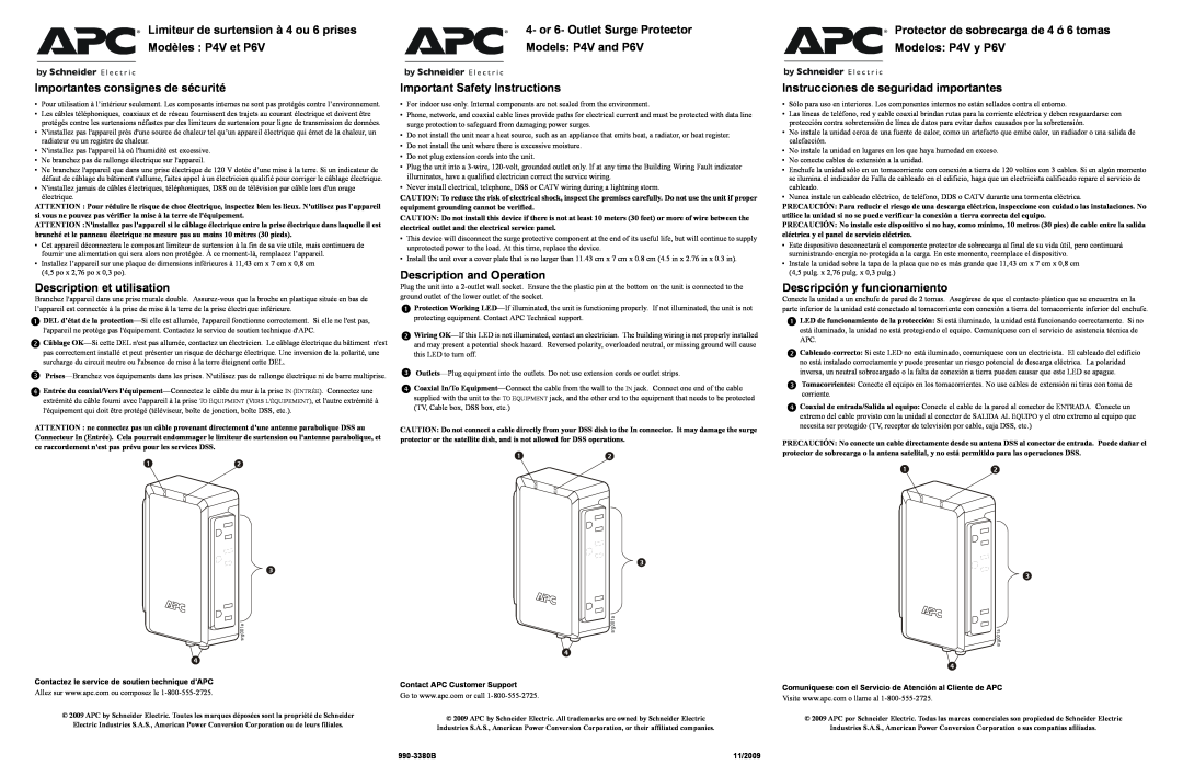 APC P4V, P6V important safety instructions Contactez le service de soutien technique dAPC, Contact APC Customer Support 