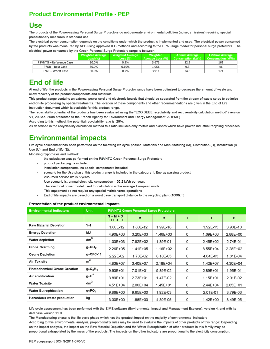 APC SCHN 2011 570 V0, P7GB manual Use, End of life, Environmental impacts 