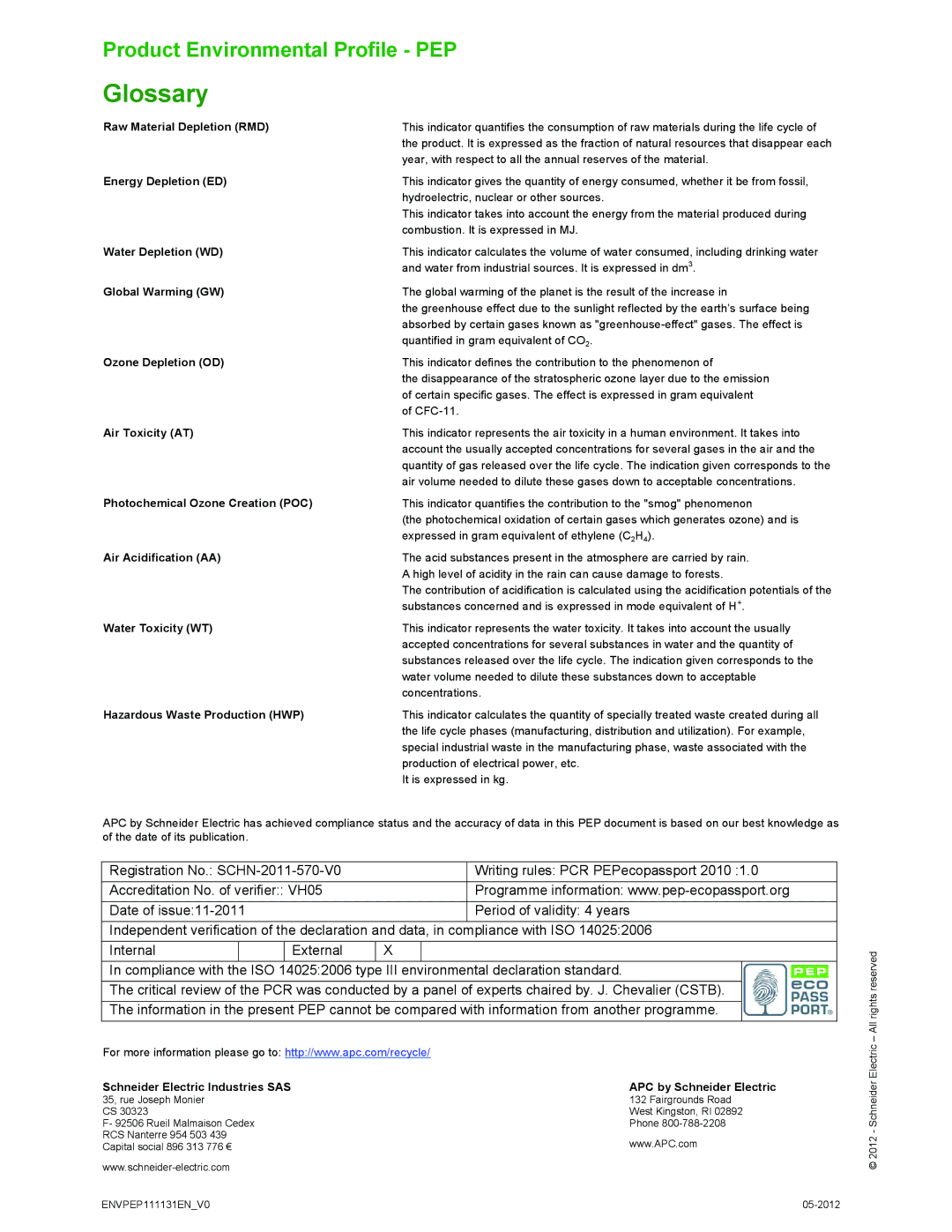 APC SCHN 2011 570 V0, P7GB manual Glossary, Raw Material Depletion RMD 