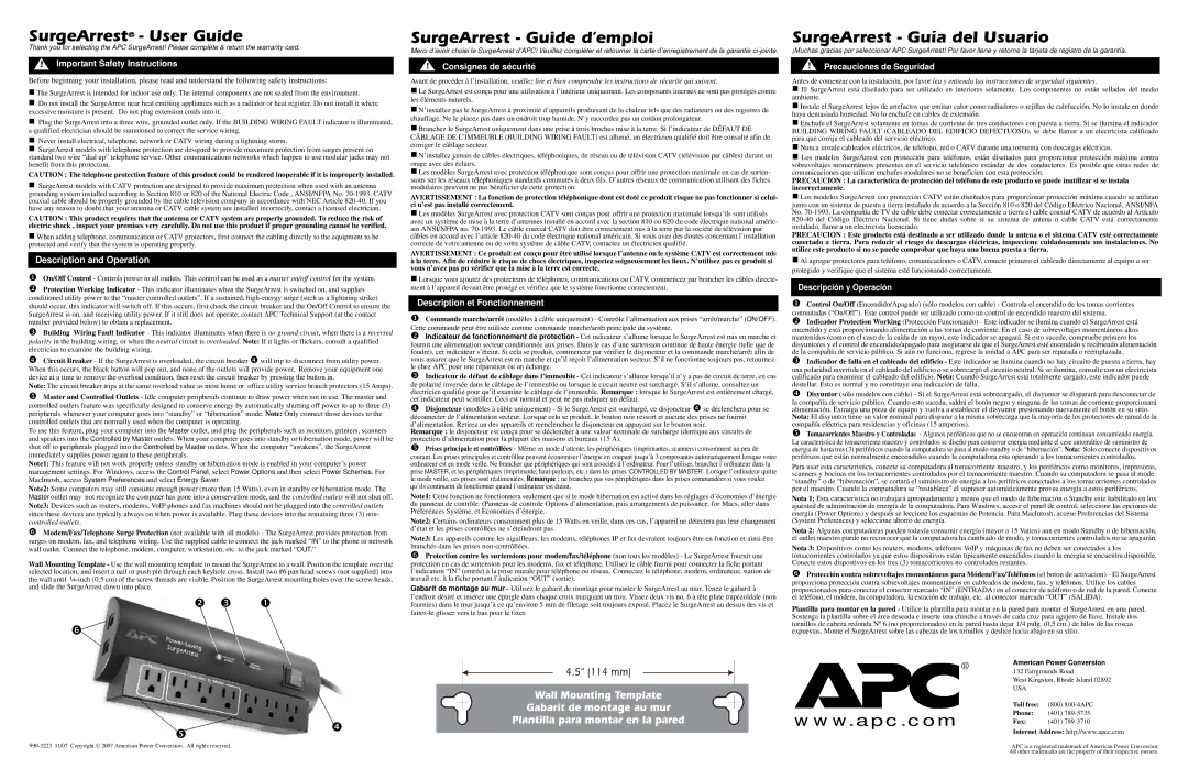 APC P7GT important safety instructions SurgeArrest User Guide, SurgeArrest Guide d’emploi, SurgeArrest Guía del Usuario 