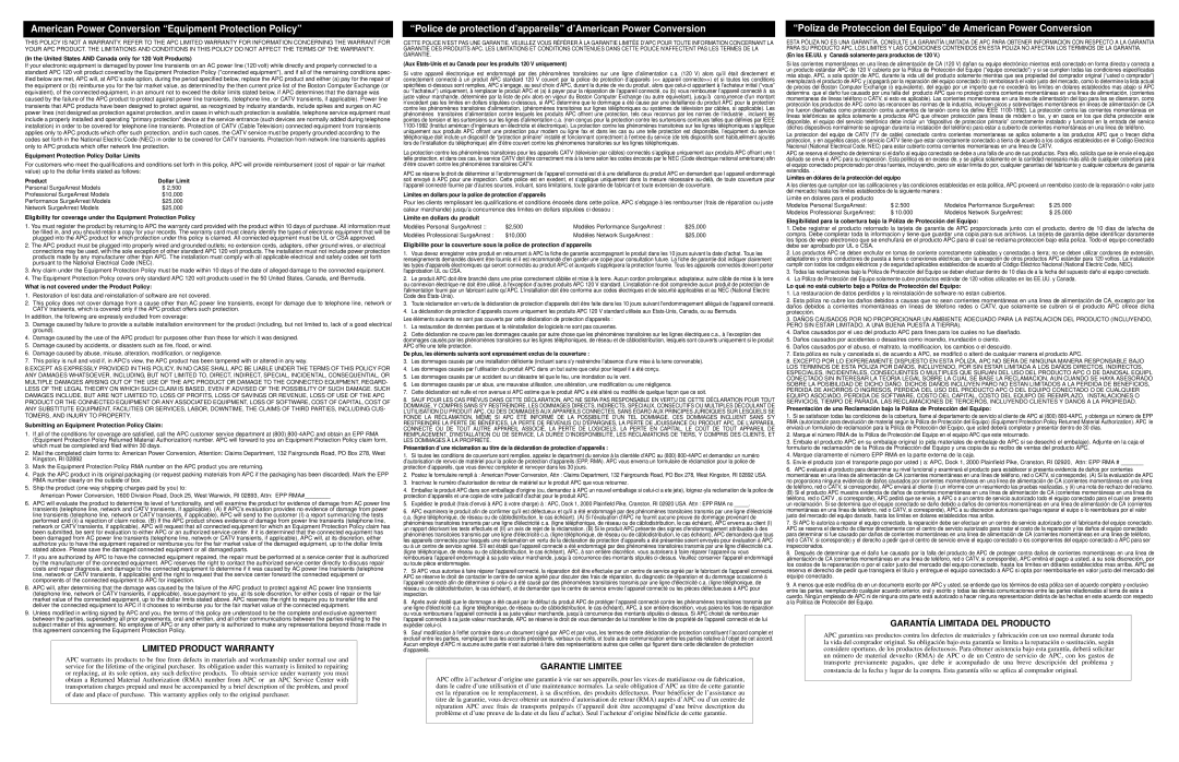 APC P7GT important safety instructions Limited Product Warranty, Garantie Limitee, Garantía Limitada DEL Producto 