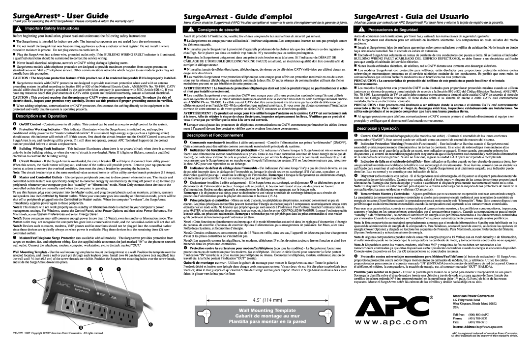 APC P7GT important safety instructions Description and Operation, SurgeArrest - User Guide, SurgeArrest - Guide d’emploi 