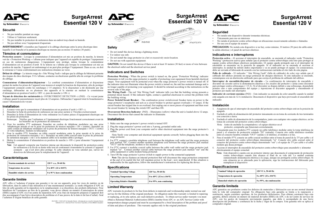 APC P6B, P7T, P7V specifications Sécurité, Témoins et commutateur, Installation, Caractéristiques, Garantie limitée, Safety 