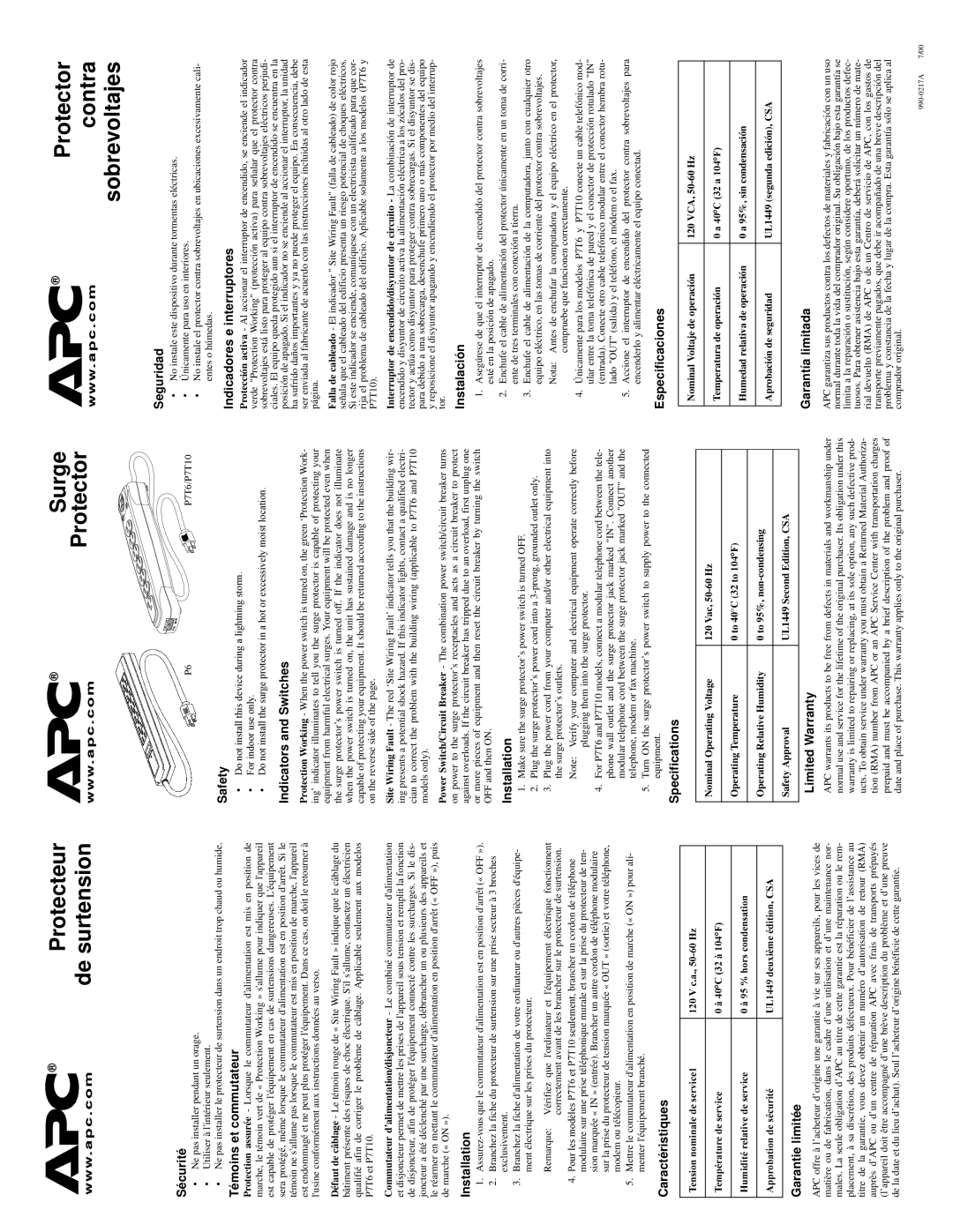 APC 990 0217A7 00, P7T10 specifications Sécurité, Seguridad, Témoins et commutateur, Installation, Safety, Specifications 