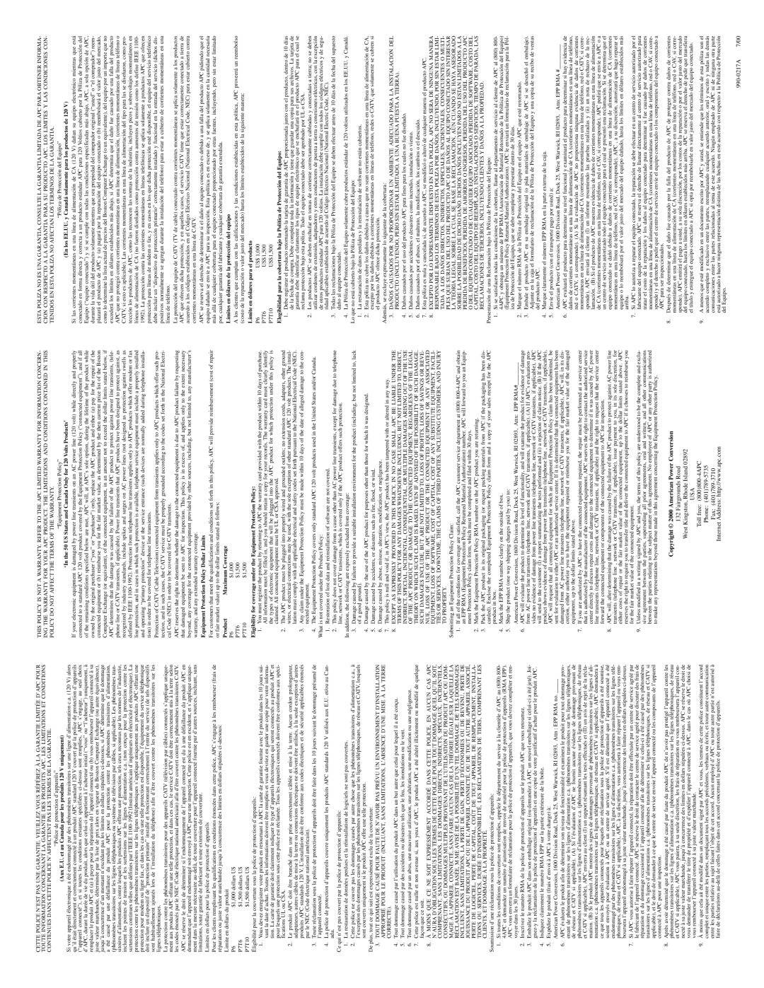 APC P7T10 Aux E.U. et au Canada pour les produits 120 V uniquement, Equipment Protection Policy Dollar Limits, Product 