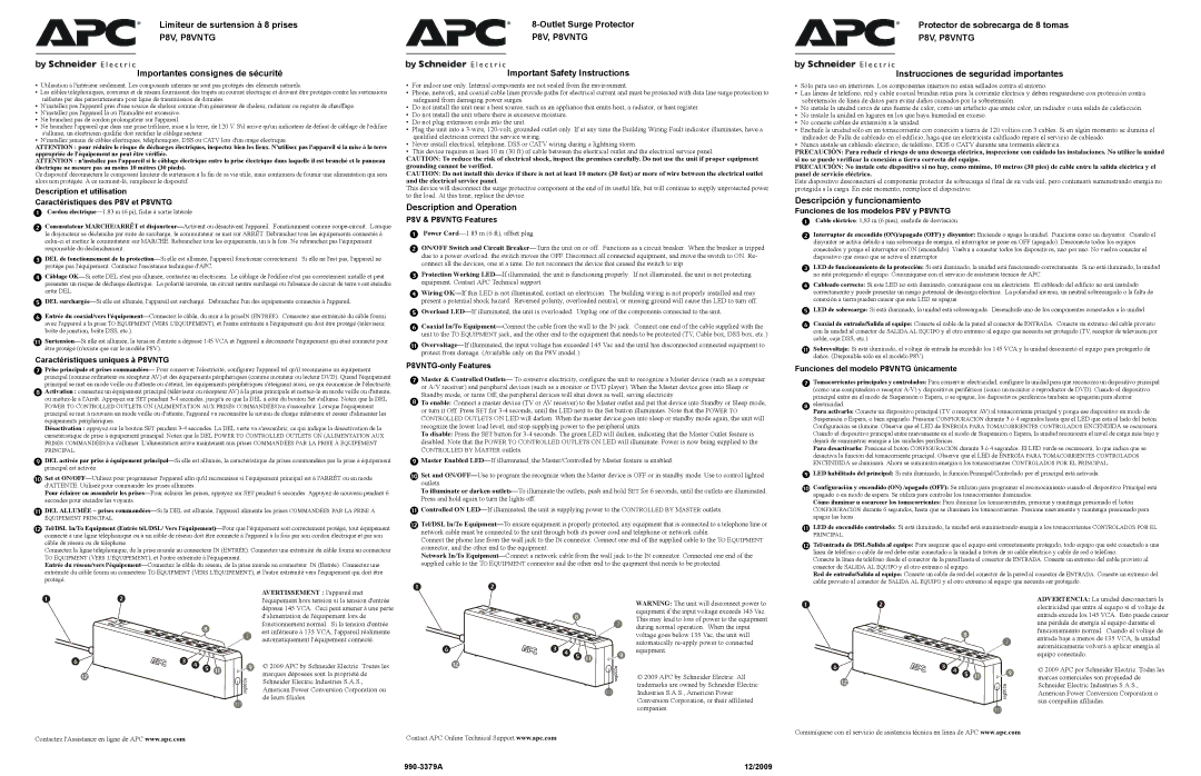 APC P8VNTG important safety instructions Limiteur de surtension à 8 prises, Importantes consignes de sécurité 