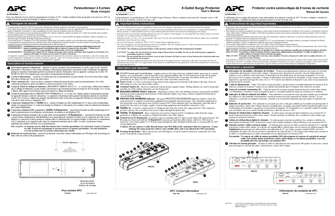 APC P8T3, P8VT3 user manual Consignes de sécurité, Description et fonctionnement, Important Safety Instructions 