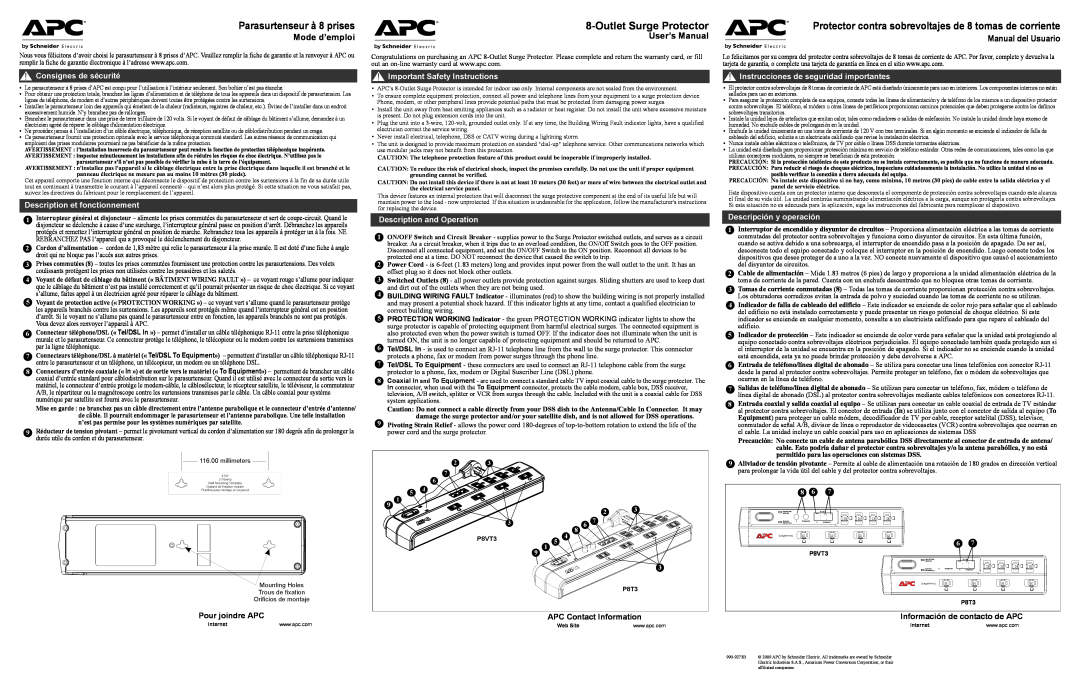 APC P8T3 user manual Outlet Surge Protector, Parasurtenseur à 8 prises, Mode d’emploi, User’s Manual, Manual del Usuario 