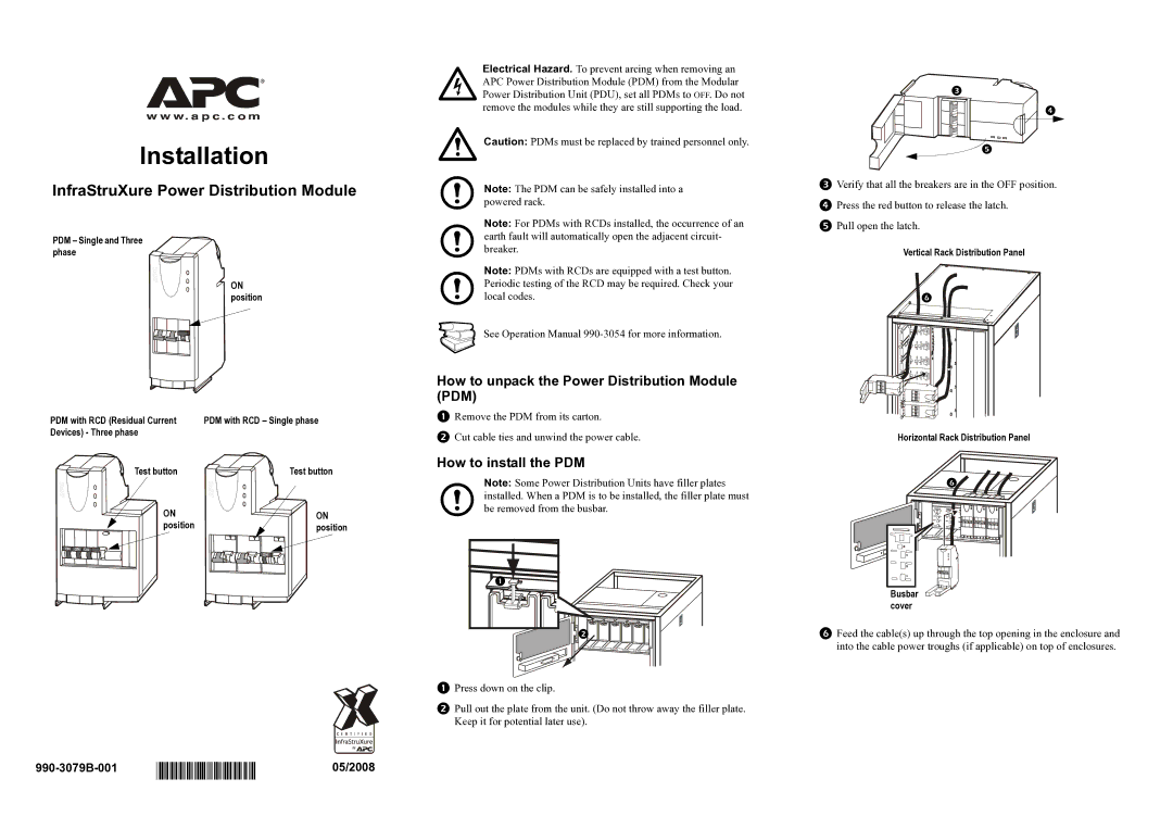 APC PDM3530L2130 operation manual Installation, 990-3079B, InfraStruXure Power Distribution Module, How to install the PDM 