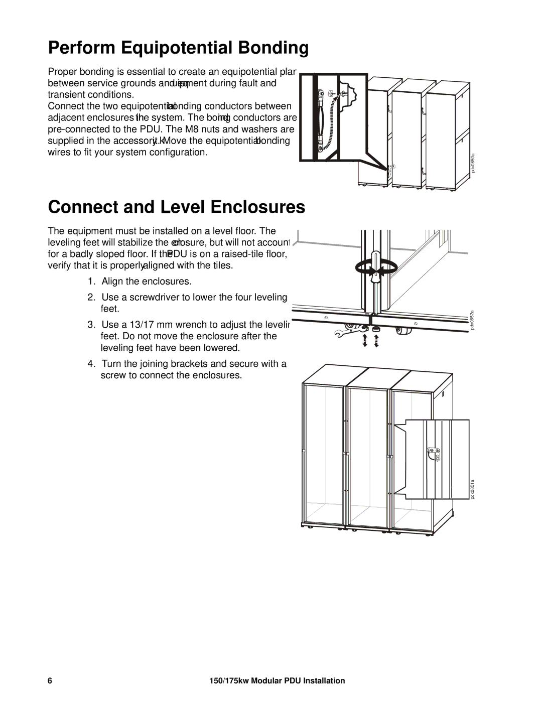 APC PDPM150G6F, PDPM150L6F, PDPM175G6H, 175kW manual Perform Equipotential Bonding, Connect and Level Enclosures 