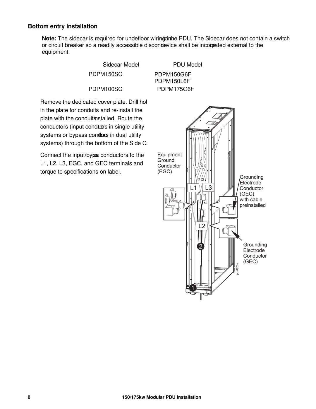 APC PDPM175G6H, PDPM150G6F, PDPM150L6F, 175kW manual Bottom entry installation, Sidecar Model 