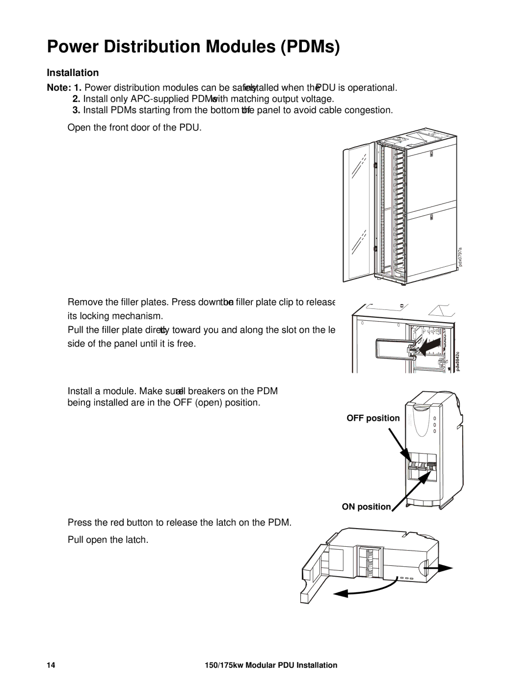 APC 175kW, PDPM150G6F, PDPM150L6F, PDPM175G6H manual Power Distribution Modules PDMs, Installation 