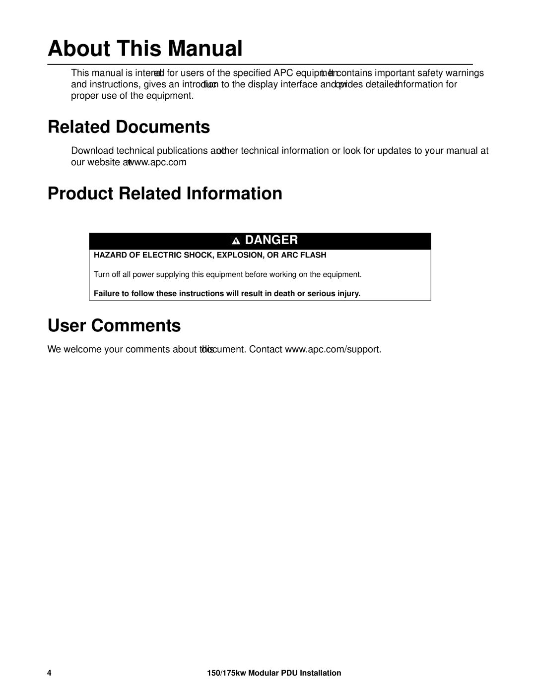 APC 175kW, PDPM150G6F, PDPM150L6F manual About This Manual, Related Documents Product Related Information, User Comments 