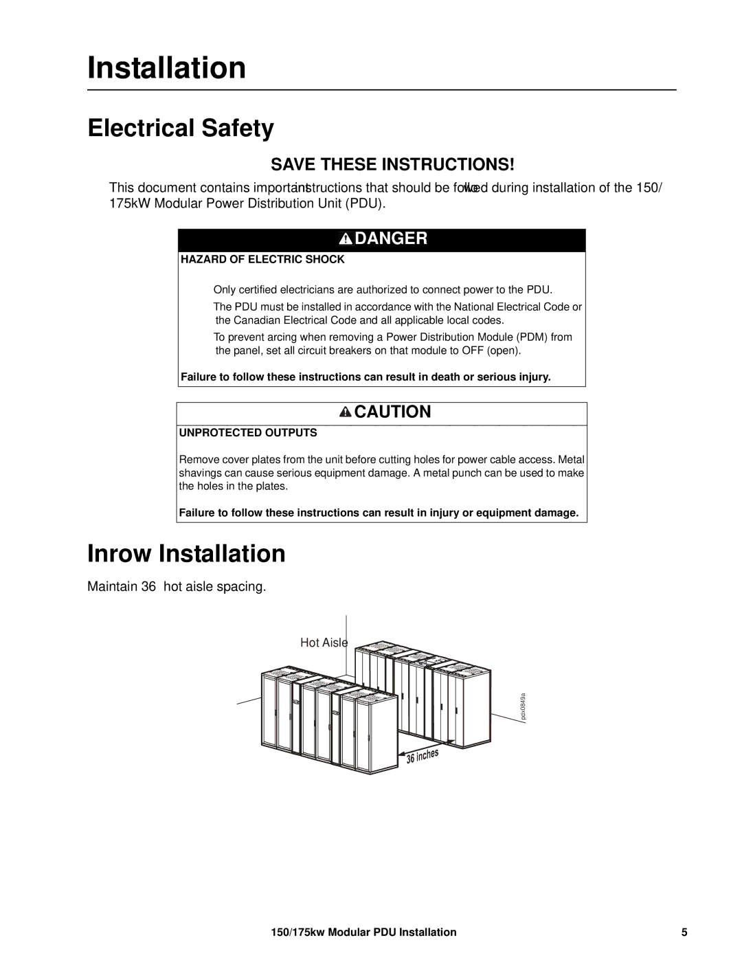 APC PDPM150G6F, PDPM150L6F, PDPM175G6H, 175kW manual Electrical Safety, Inrow Installation 