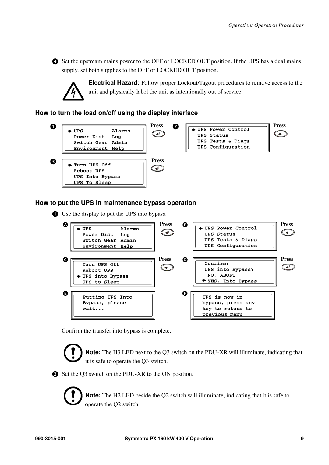 APC PDUM160H-B How to turn the load on/off using the display interface, How to put the UPS in maintenance bypass operation 