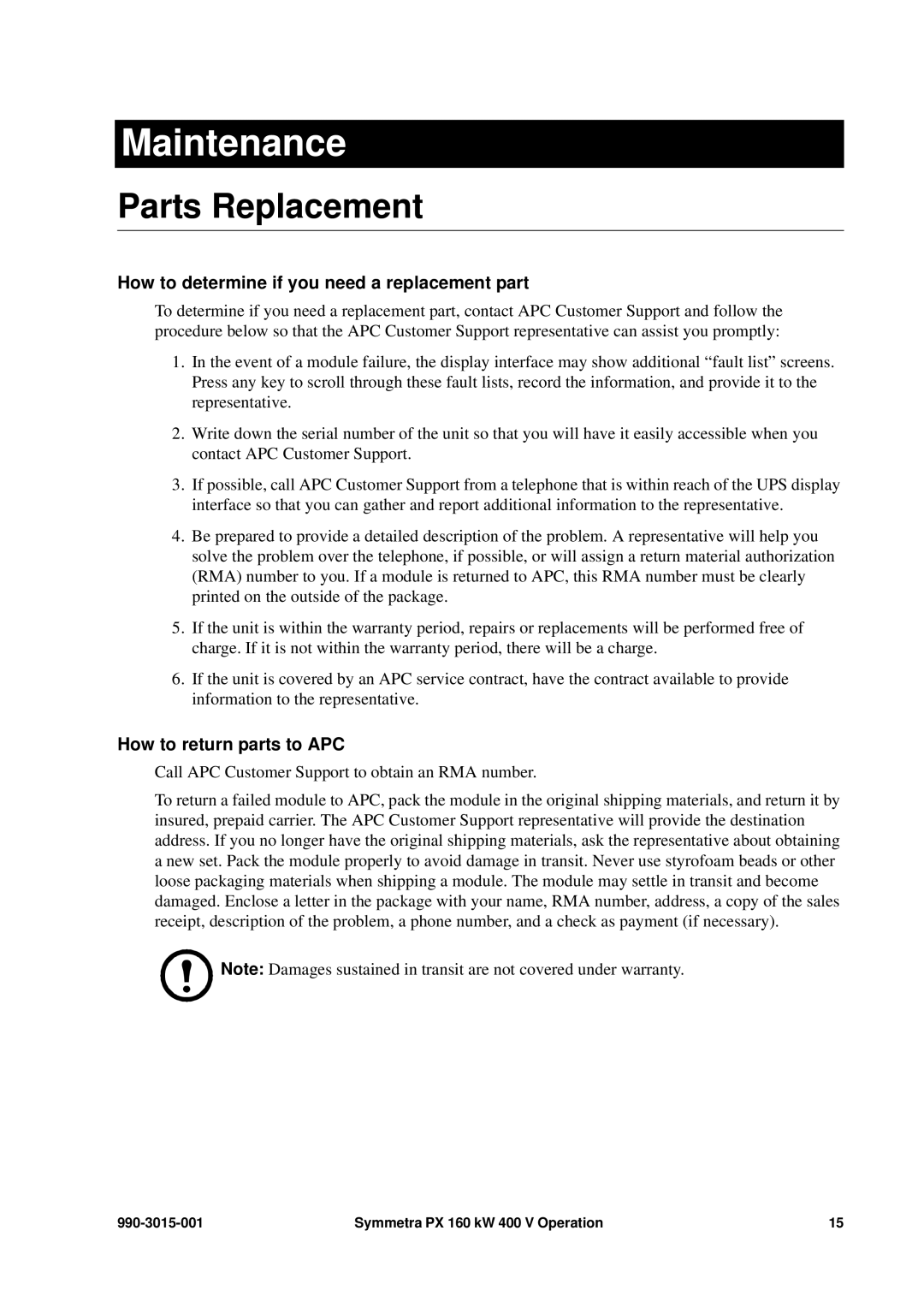 APC PDUM160H-B Maintenance, Parts Replacement, How to determine if you need a replacement part, How to return parts to APC 