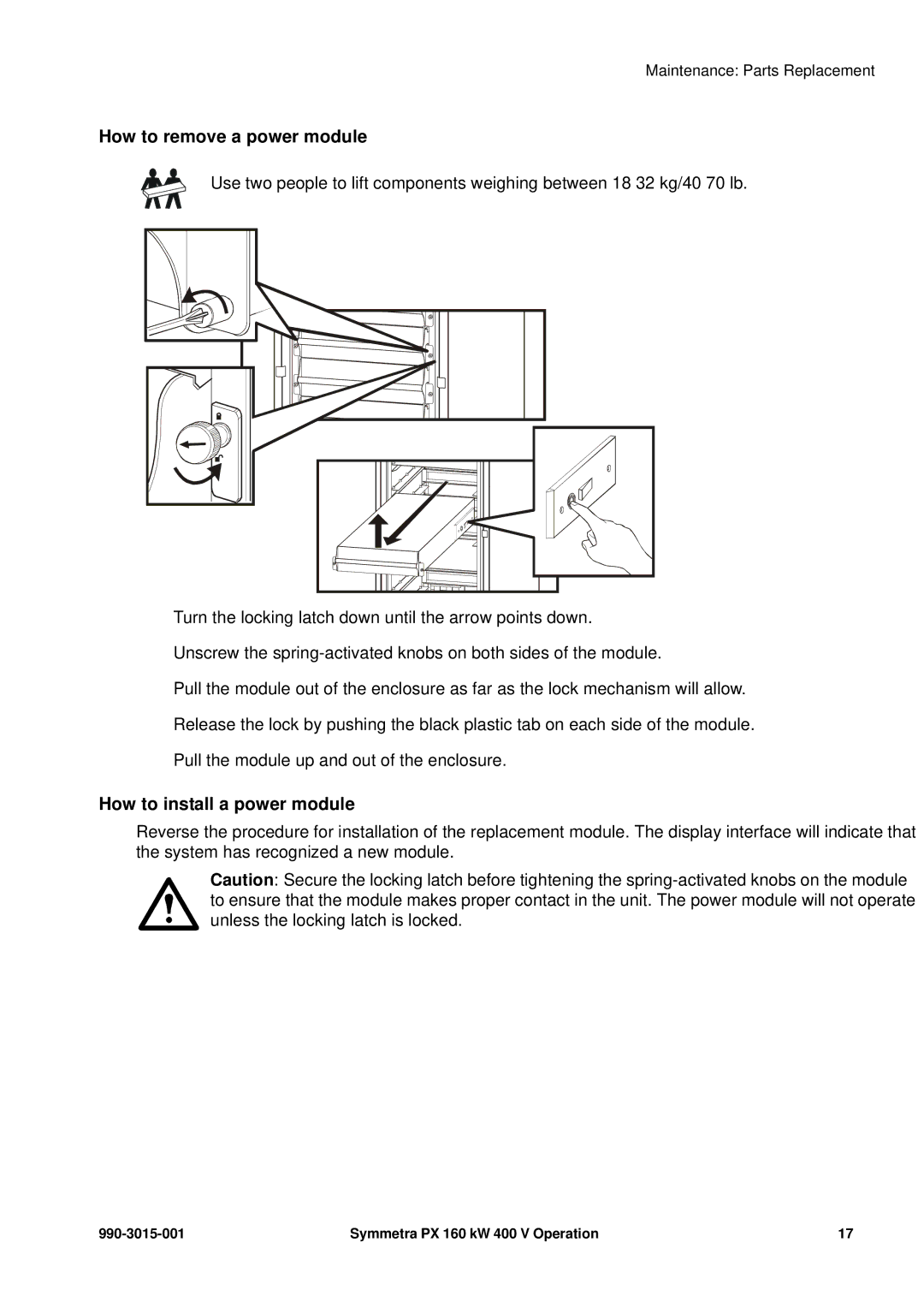 APC SY160K160H, PDUM160H-B, SYCFXR9 manual How to remove a power module, How to install a power module 