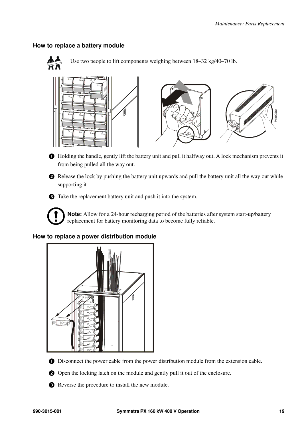 APC SYCFXR9, PDUM160H-B, SY160K160H manual How to replace a battery module, How to replace a power distribution module 