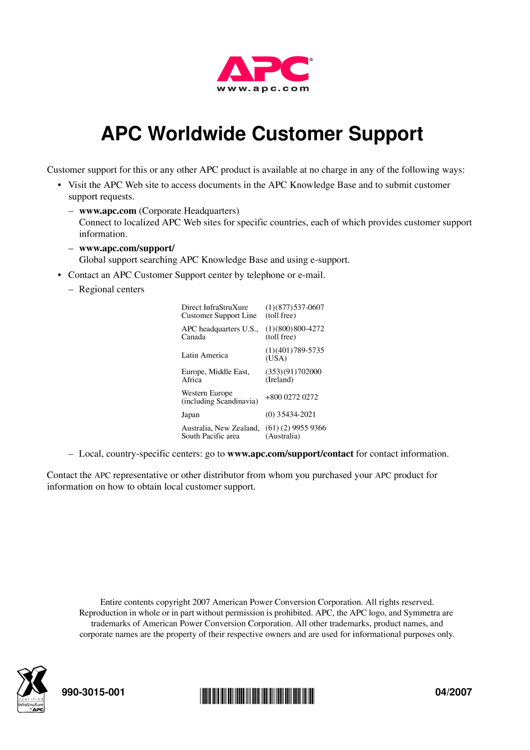 APC PDUM160H-B, SYCFXR9, SY160K160H manual APC Worldwide Customer Support, 990-3015-001, 04/2007 