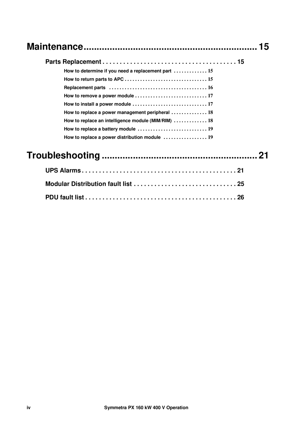 APC PDUM160H-B, SYCFXR9, SY160K160H manual Maintenance 