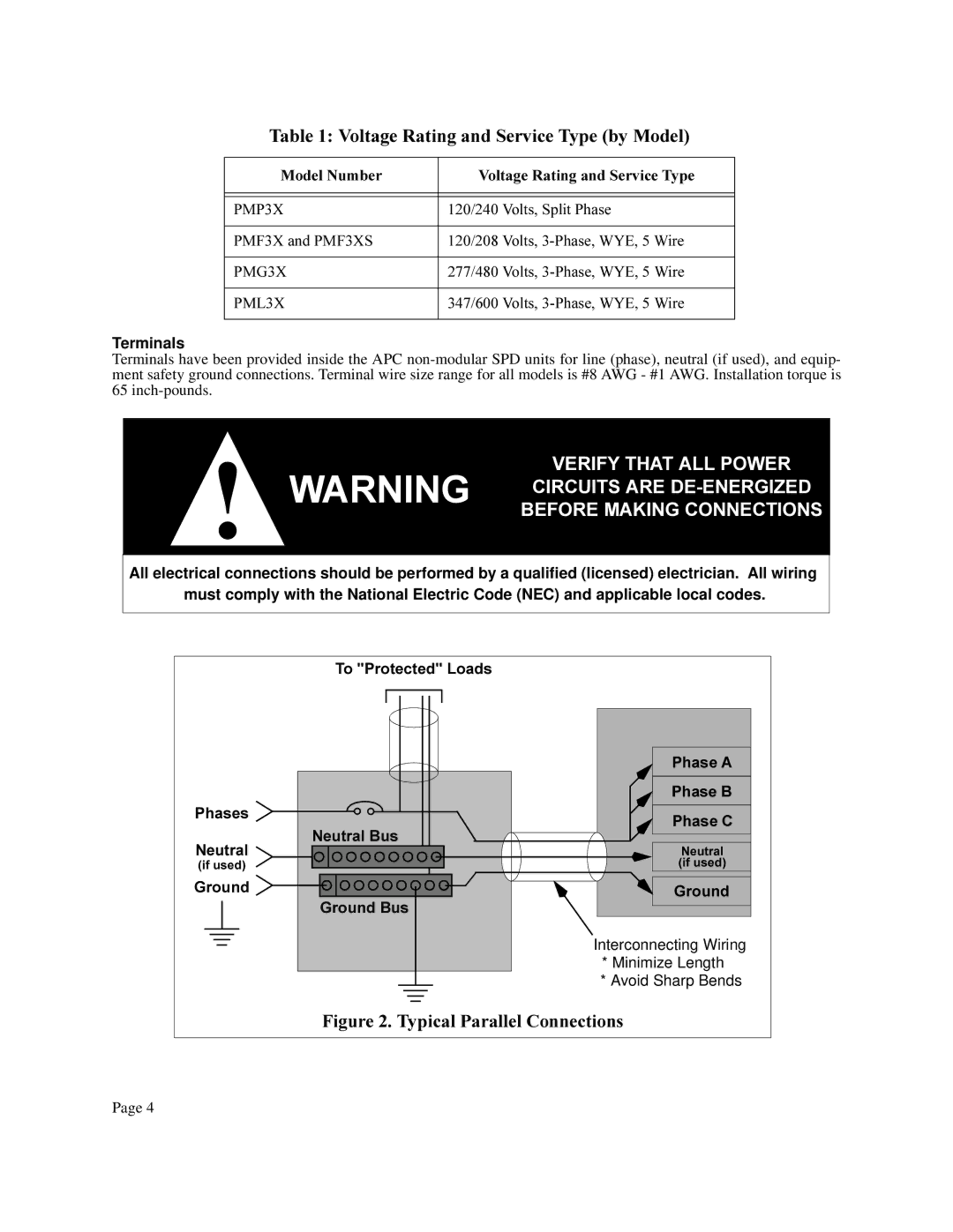 APC PM3 7DEOH9ROWDJH5DWLQJDQG6HUYLFH7\SHE\0RGHO, Terminals, Interconnecting Wiring, Minimize Length, Avoid Sharp Bends 