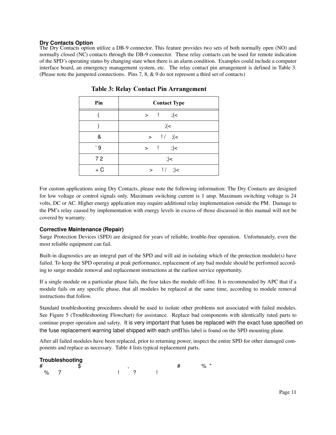 APC PM4 user manual 7DEOH5HOD\&RQWDFW3LQ$UUDQJHPHQW, Dry Contacts Option, 3LQ RQWDFW7\SH, Corrective Maintenance Repair 